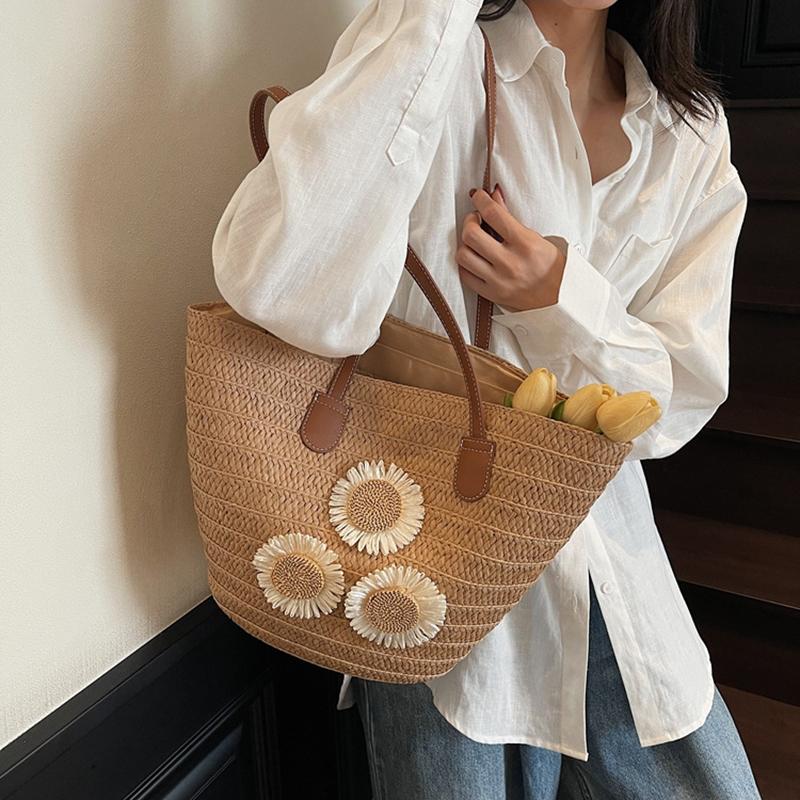 Yogodlns Damen Sommer Stroh Gewebt Große Kapazität Korb Schultertasche Handtaschen Mode Floral Dekor Luxus Designer Strand Bali Shopper Totes