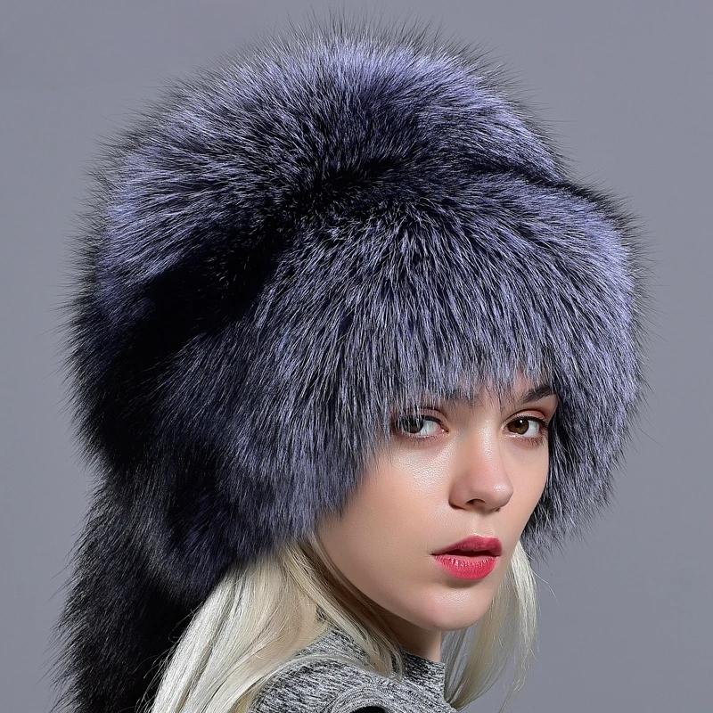 Raglaido real fox fur hats for women winter fashionable stylish Russian thick warm beanie hat natural fluffy fur hat with tail
