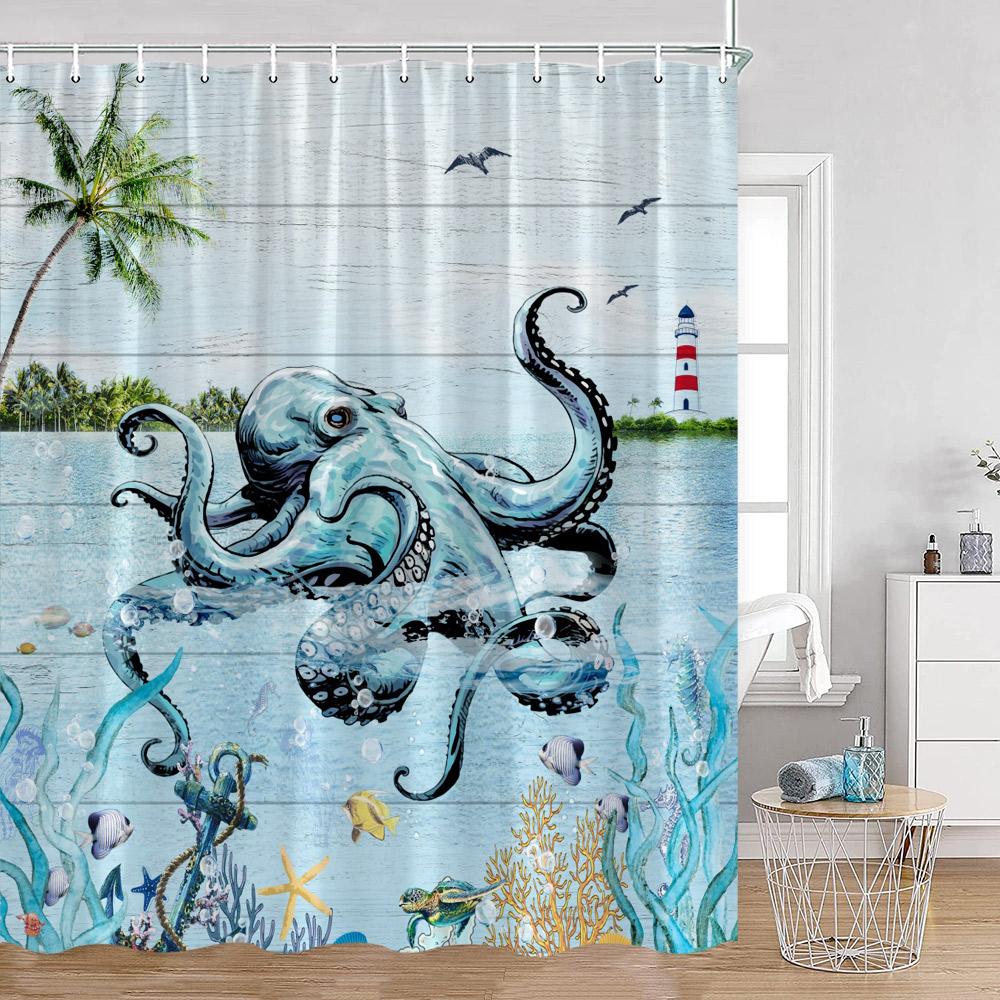 Octopus Shower Curtains Ocean Animals Funny Octupus Undersea World View Bathroom Curtain Nautical Bath Decorations with Hooks