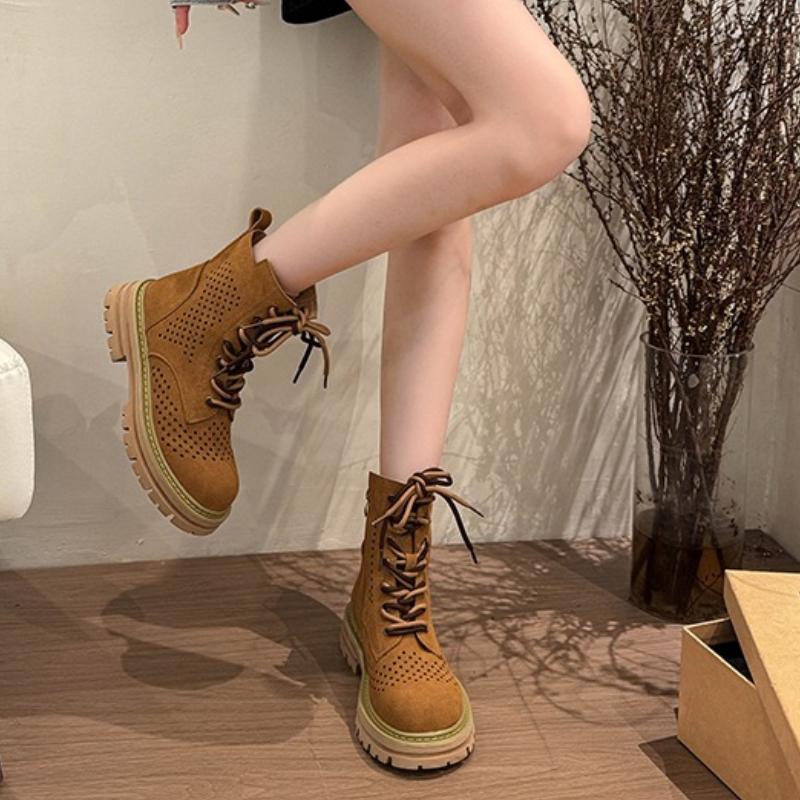 Fashion Women's Breathable Short Boots Zipper Lace-up Decoration Square Heel Round Toe Shoes Women Leisure Daily Breathable Roman N