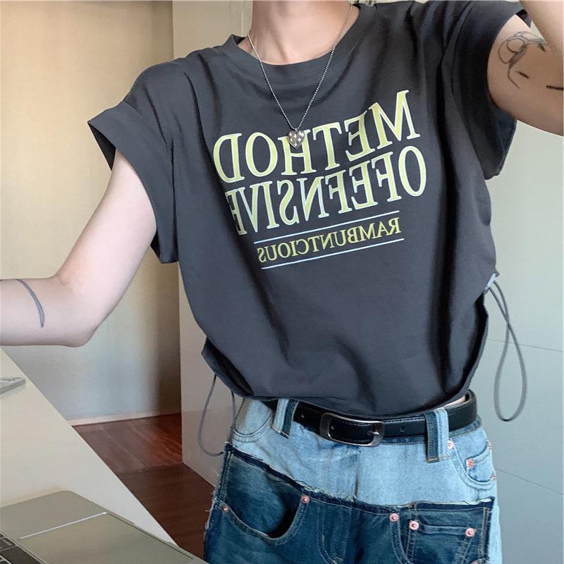 

Женский летний свободный топ с асимметричным кроем и завязками - футболка в корейском стиле с короткими рукавами, уникальный и модный дизайн