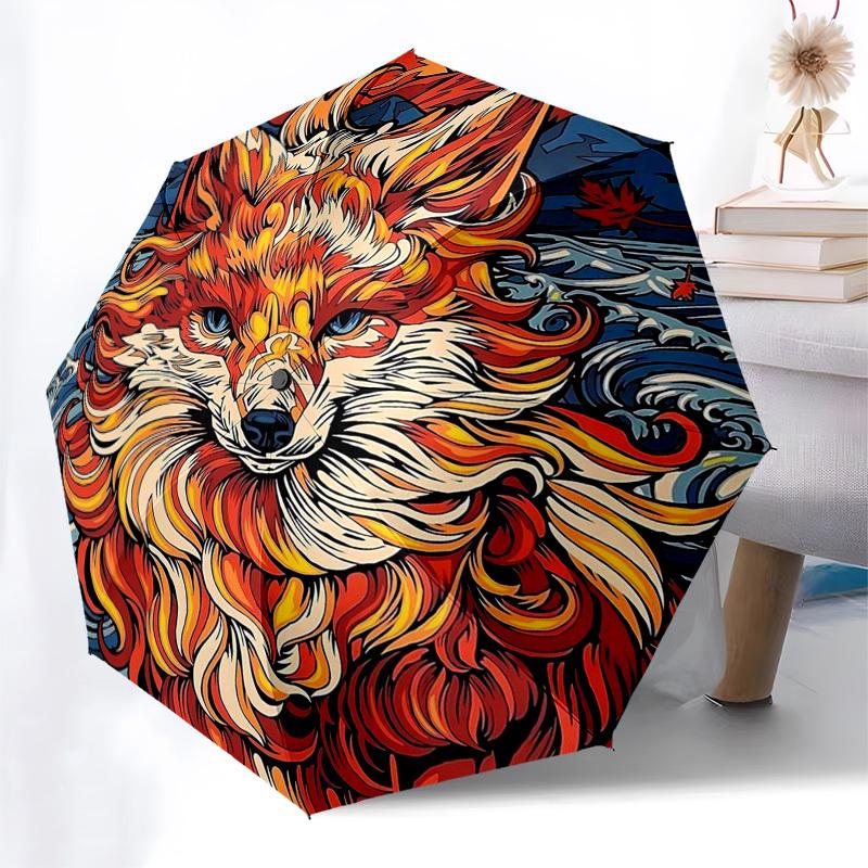 

1pc Autumn Fox Design Automatic Folding Umbrella - Portable 3-Fold Design, 8-Bone Iron Frame Outdoor Umbrella, Perfect Festival Gift for Fans, Travele