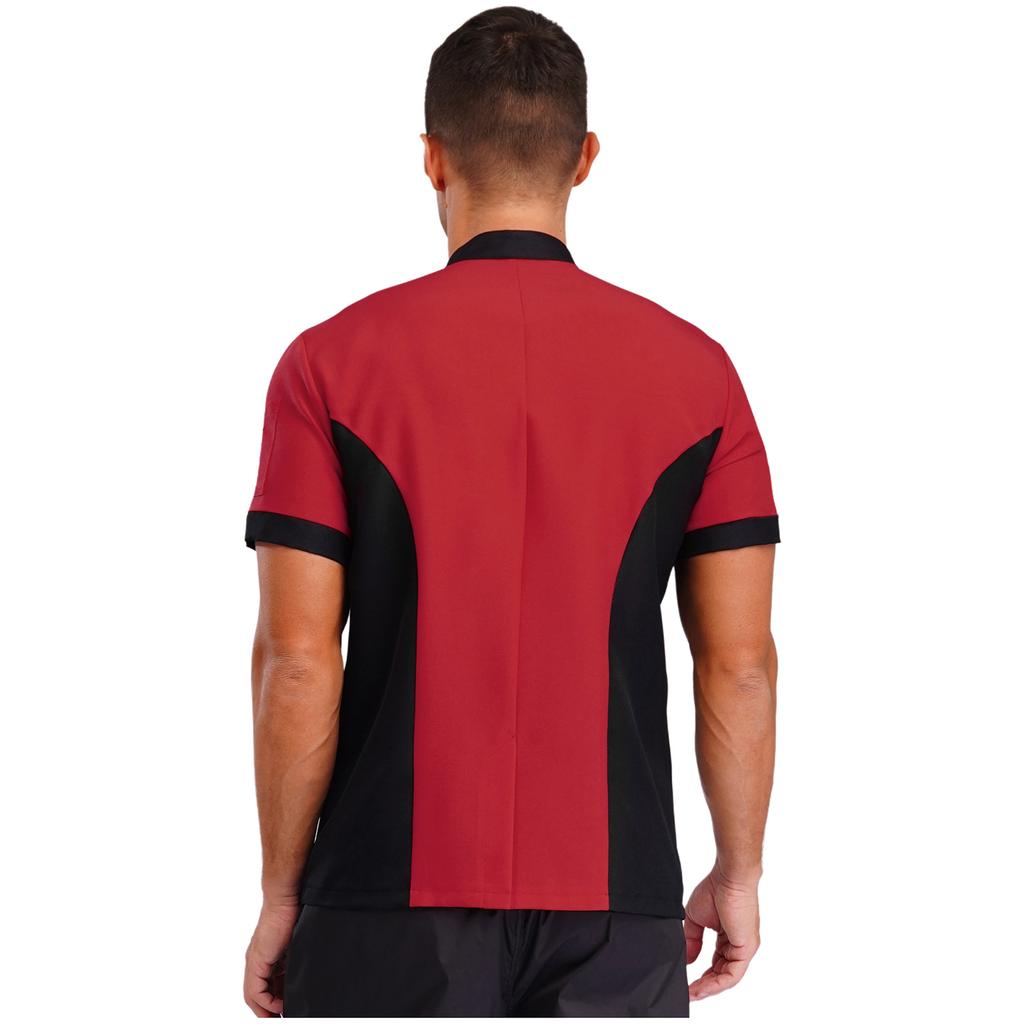 Unisex Kitchen Uniform Short Sleeve Color Block Chef Jacket Cook Coat Men Women Work Top