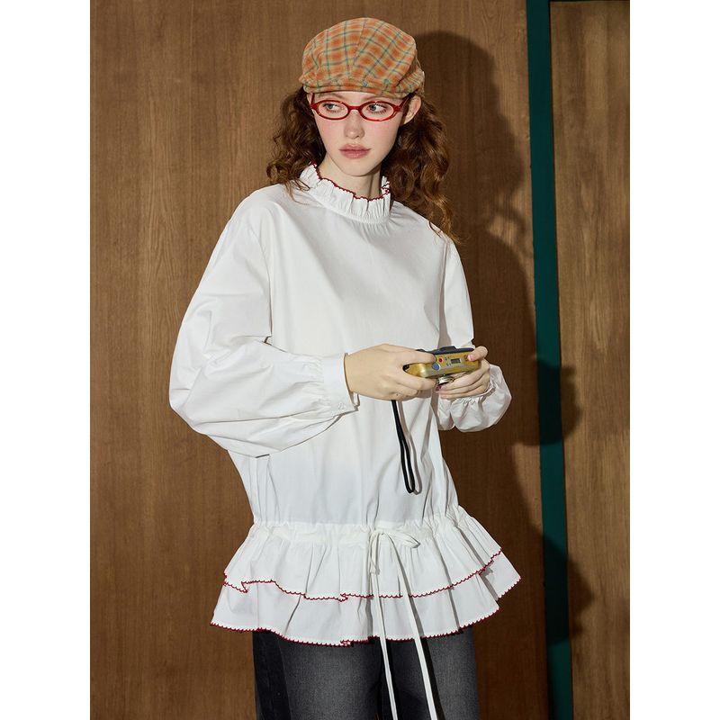 Coolhut Color-Blocked Lace Hem Stand-Up Collar Long-Sleeve Sweet Loose Patchwork 2025 Autumn Women's Shirt with a Sense of Design