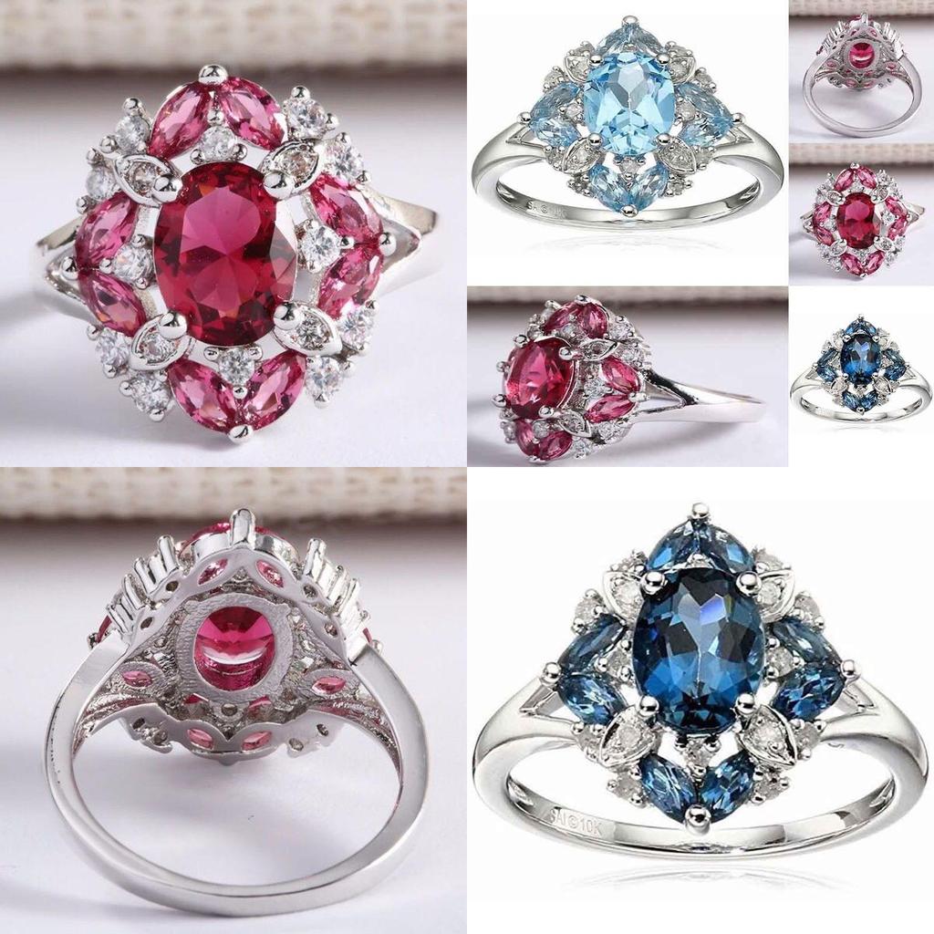 Magnificent Silver Plated Rings With Oval Cut Natural Blue Sapphire And Rhinestones