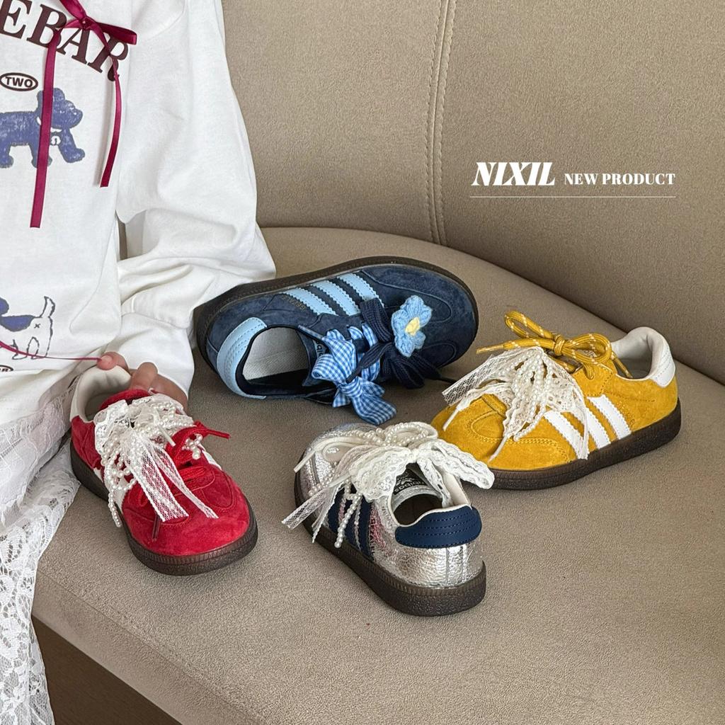 Korean Children's Casual Shoes Fashionable Retro Sports Shoes Lace Pearl Bow German Training Shoes
