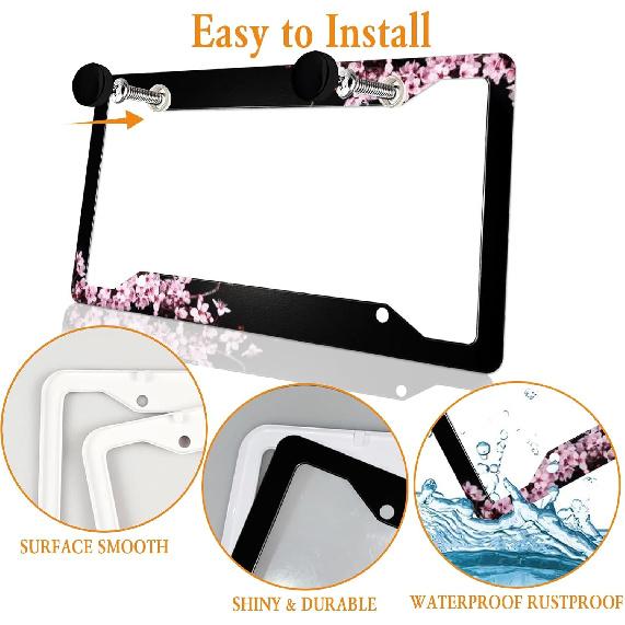 Cherry Blossom License Plate Frame Pink License Plate Cover Funny Auto Accessory Bracket Aluminum Metal Black License Plate Frames For Women Men (Set