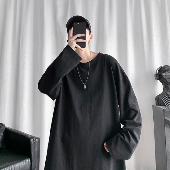 Men T-shirt Long Sleeve O Neck Solid Color Loose Pullover Warm Soft Plus Size Men Spring Top for School