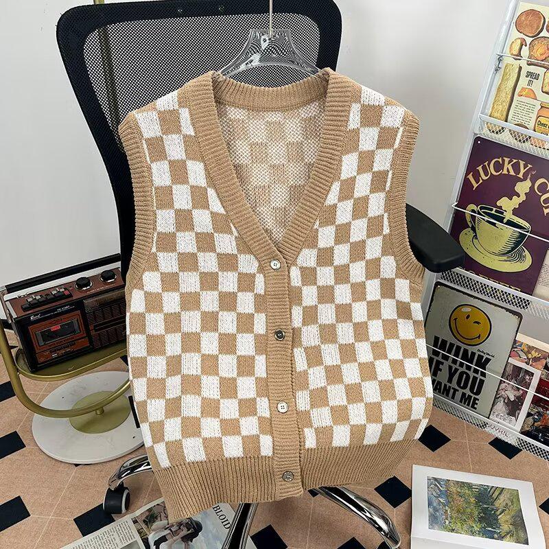 

Women s Checkered V-Neck Knit Cardigan - Korean Style Spring/Autumn Outerwear 2024 M чорний