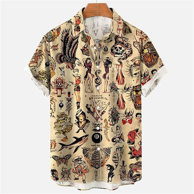 Mermaid retro printed shirts Men's European and American pattern Summer casual short sleeved shirt Hawaiian button