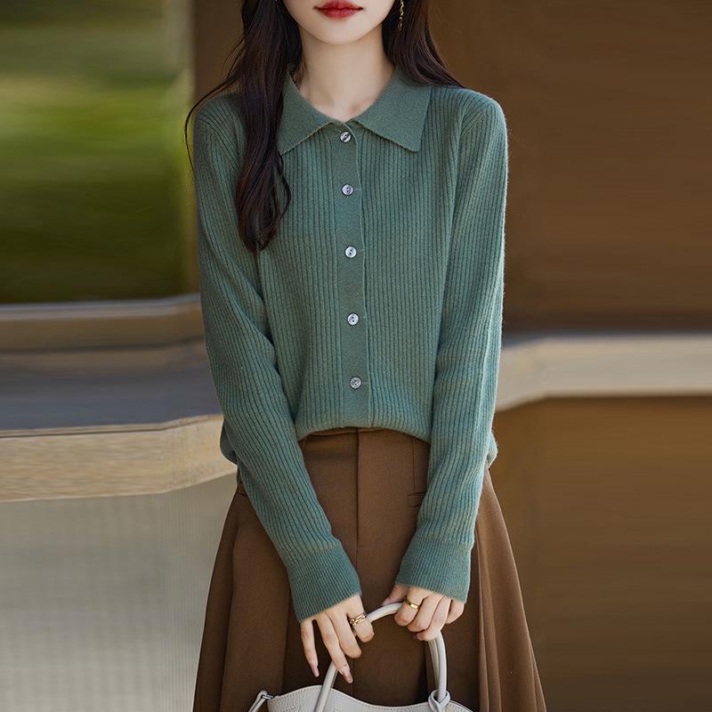 2024 Autumn/Winter Women's 100% Wool Striped Polo Collar Cardigan - Loose, Slimming, Versatile Fashion.