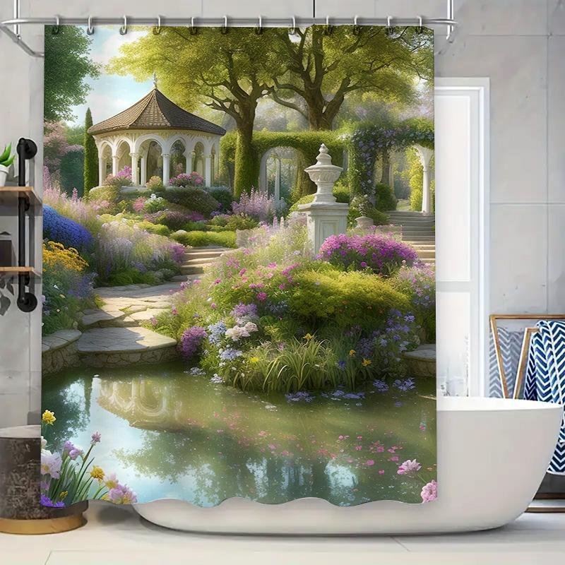 

Luxurious Garden Shower Curtain Tranquil Waterfall Floral Decorative Bath Rug With Gazebo Stone Pathway Perfect Home Bathroom Ac W60H190(CM)-1 Pcs