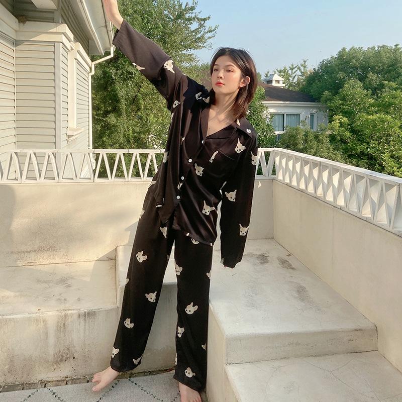 Eis Seide Druck Pyjamas Set Frauen Koreanische Vintage Chic Casual Hause Tragen Taste Up Langarm Hosen Anzug