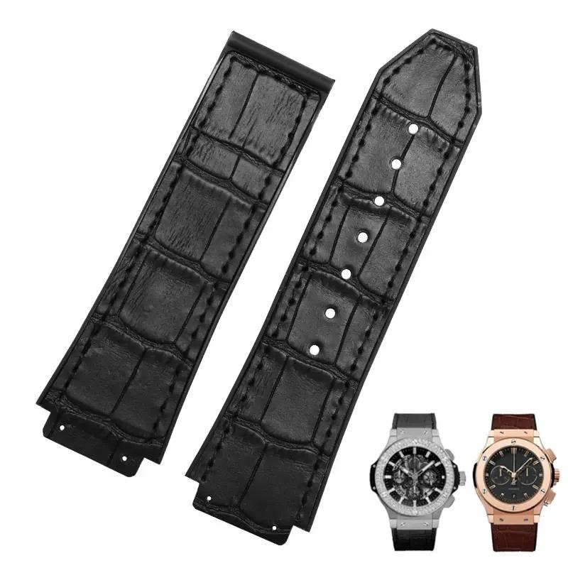 26X19mm Real Cow Leather Rubber Watchband for HUBLOT Classic Fusion Universe Big Bang Series Men belt Watch band butterfly Buckl