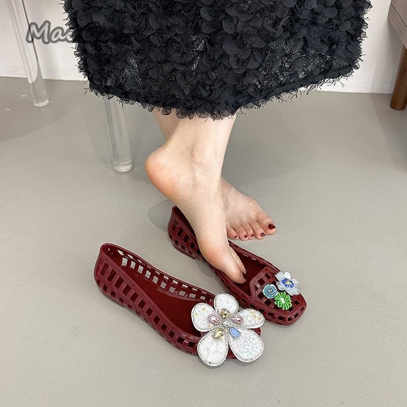 Fashion Transparent Crystal Jelly Sandals Hollow Out Slippers Korean Style Flat Shoes Women's Square Toe Shallow Slip on Ballet Loafers