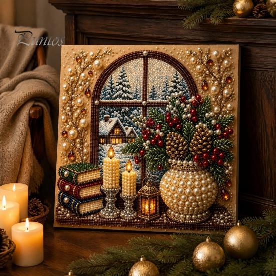 Christmas Home Decoration Faux Pearl Art Kit, DIY Snowman Painting 3D Festive Living Room Accents Xmas Scenes Crafting Project for Adults Beginners,