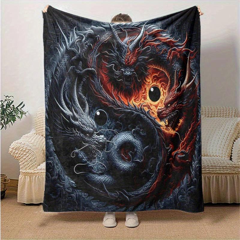 1pc The Epic Battle of Red and Black Dragons Blanket Home Decorative Throw for Room, Cute Gift Idea, Living Room, Travel, Camping, Car Blankets