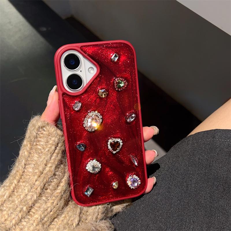Fashion Luxury Glitter Rhinestone Diamand Phone Case For iPhone 17 16 Pro Max 15 13 14 12 11 Red Silicone Back Cover