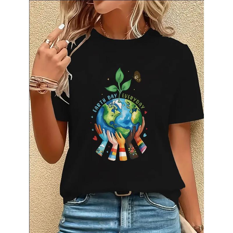 

European sizes Women s White Earth Day T-Shirt - Casual Short Sleeve Top with Global Unity & Print (Green Leaf, Recycling Symbols) 4XL