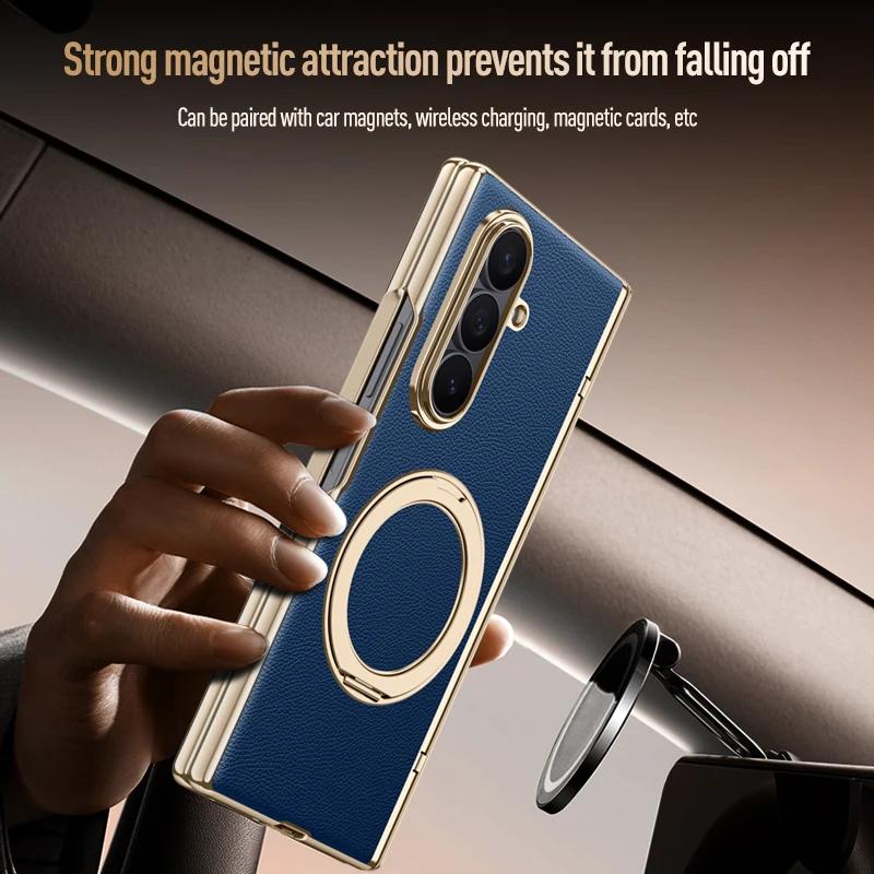 For Samsung Galaxy Z Fold 7 Leather 360° Swivel Bracket Magnetic Tempered Glass Front Membrane Anti-Drop Fingerprint Phone Case