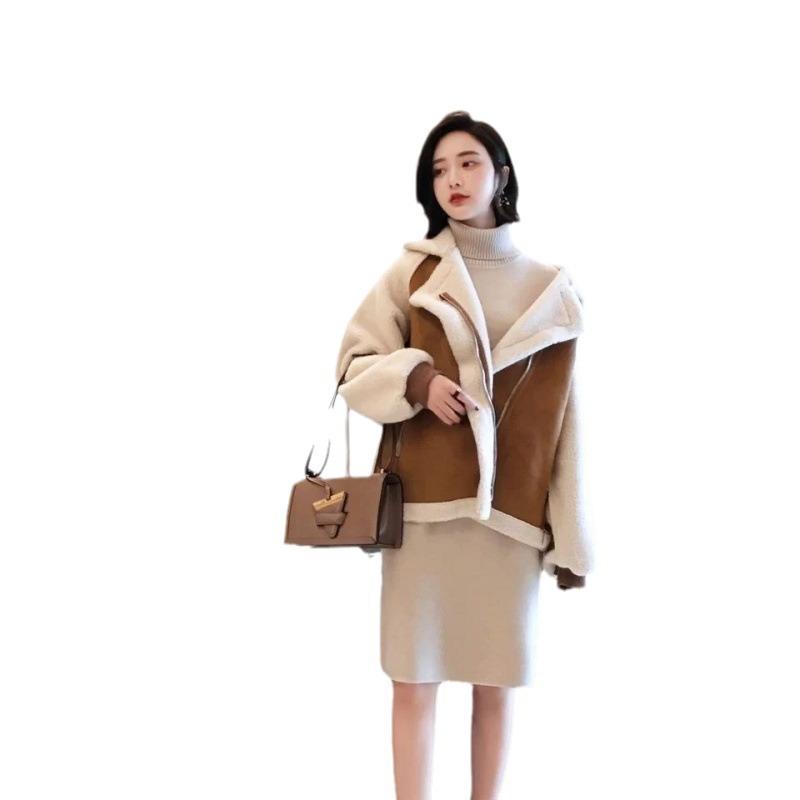 Deerskin Fleece Jacket Women's Autumn and Winter Short Small Loose Thickened Fur Integrated Fried Street Lamb Fleece Locomotive Clothing
