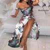 Summer Women Two Pieces Sets Fashion Elegant Off Shoulder Cropped Top & Split Mini Skirt Suit