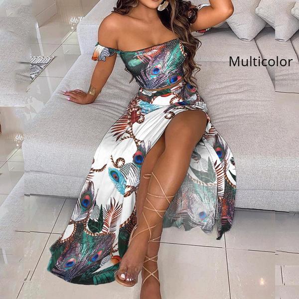 Summer Women Two Pieces Sets Fashion Elegant Off Shoulder Cropped Top & Split Mini Skirt Suit
