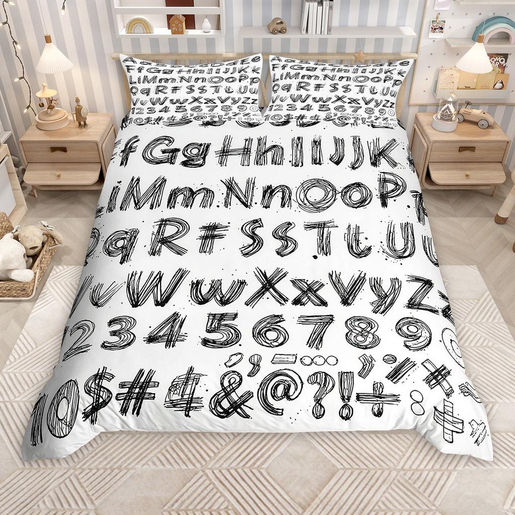 Homewish Cartoon Alphabet Duvet Cover Set For Kids Children Colorful Digital Table Comforter Cover Set School Theme Bed Set