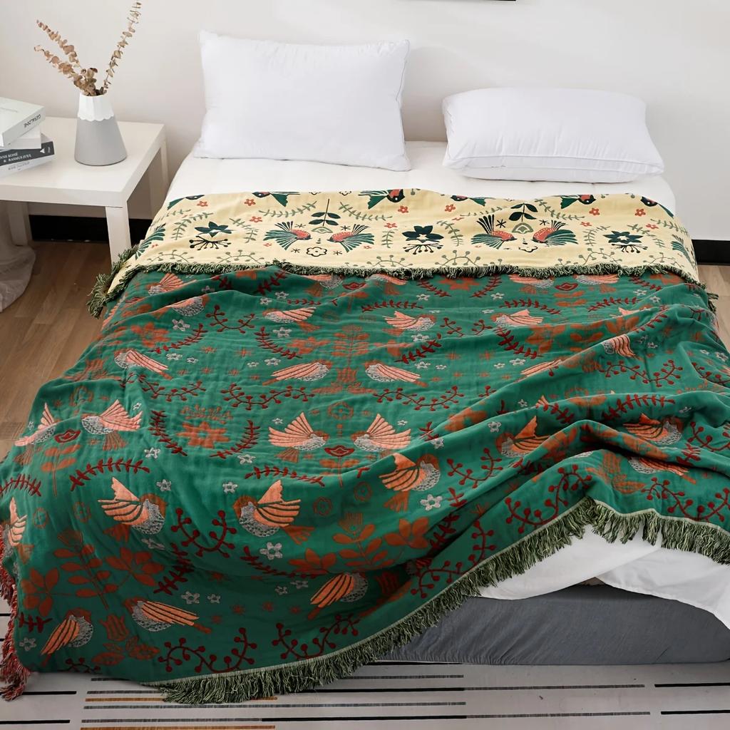 Bohemian Cotton Gauze Throw Blanket-Spring Bird Leaf Pattern Cozy Lightweight Multi-Purpose Sofa Cover Bedspread Farmhouse Decor