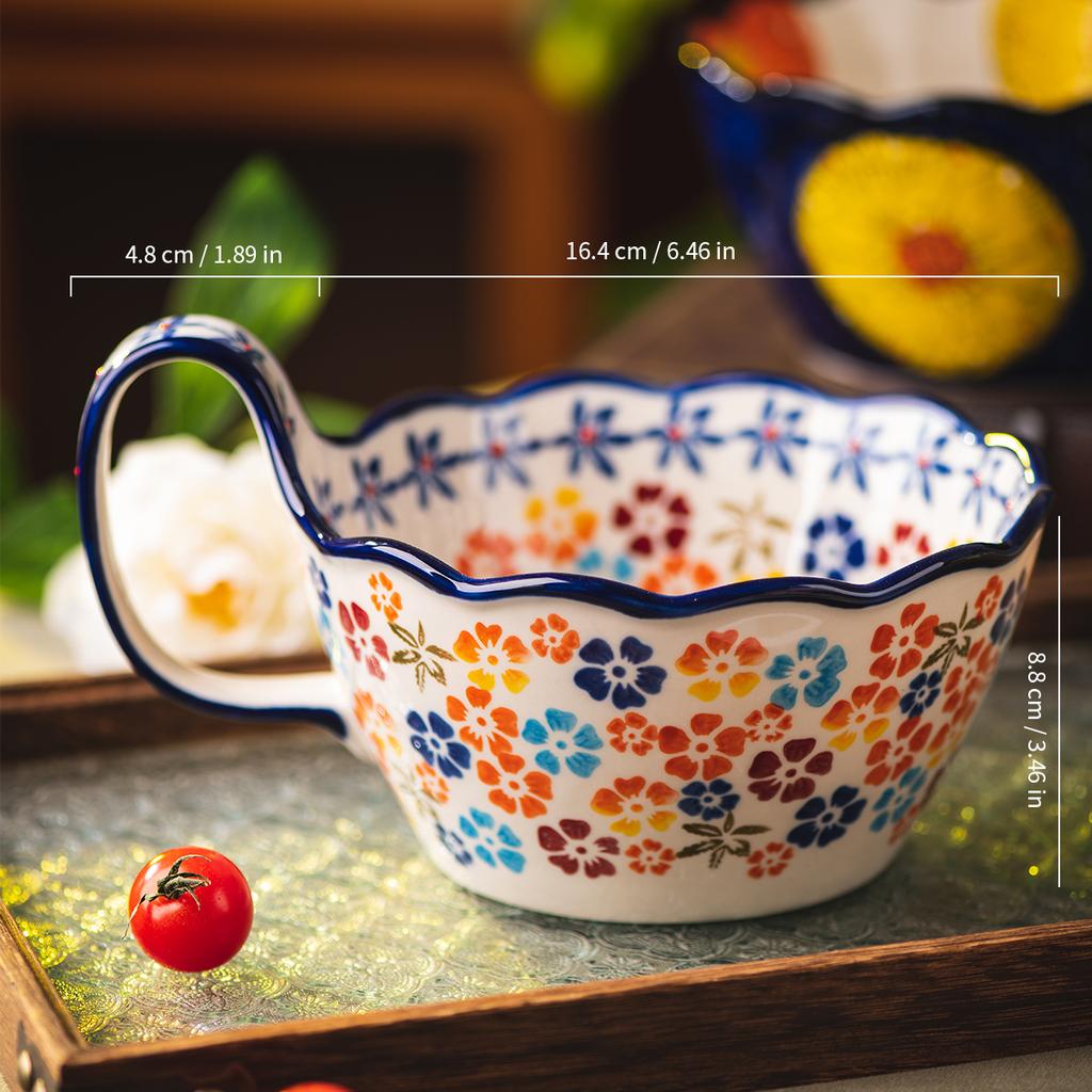 Hand Painted Japanese Handle Bowl New Ceramic Baking Bowl Instant Noodles Bowl Salad Bowl Household Tableware Baking Bowl Househ