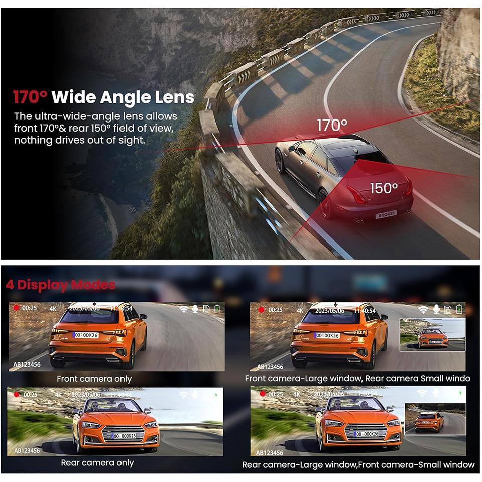 E-ACE Dash Cam 4K+2.5K Doppio Canale Car Dvr Supporto WIFI GPS Visualizzazione Velocità Parcheggio 24h Registrazione Ciclica Visione Notturna Scatola Nera