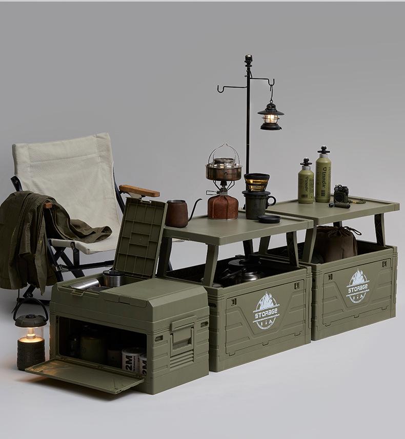 Foldable Wooden Lid Camping Storage Box & Extendable Picnic Table