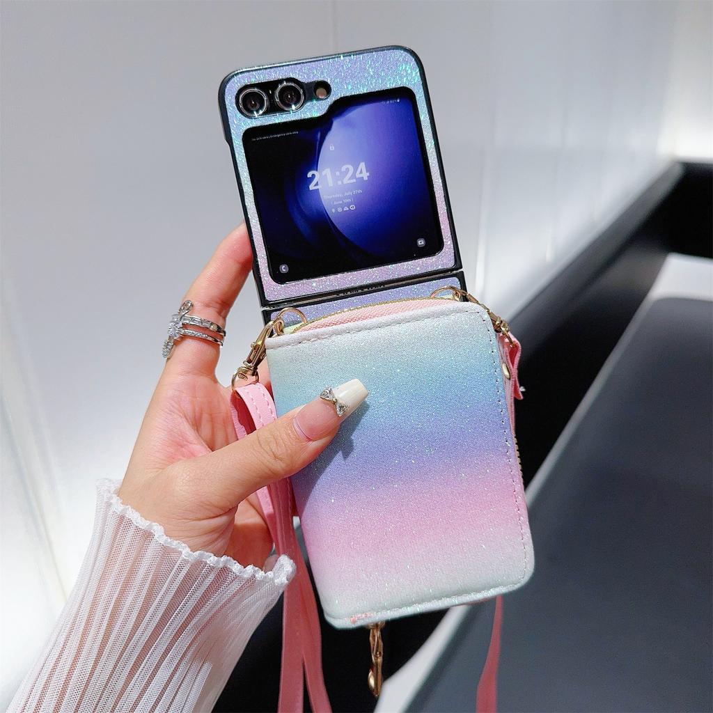 For Samsung Galaxy Z Flip5 5G Phone Case Card Bag PU Leather+PC Cover with Crossbody Strap