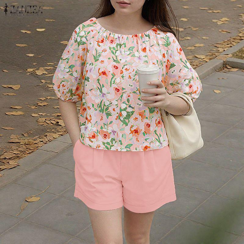 ZANZEA Women Half Sleeve Floral Blouse and Shorts Summer Two Piece Suit Sets