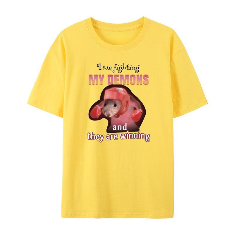 Interesting Me Fighting Against My Demon and Winning The Mouse Meme White Casual Tshirt Mens and Womens Luxury Brand Top