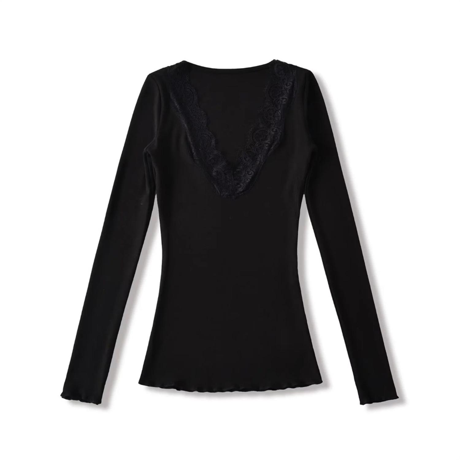 Women s V Neck Long Sleeve Lace Trim Top Slim Fit Solid Color Casual Sexy Pullover S