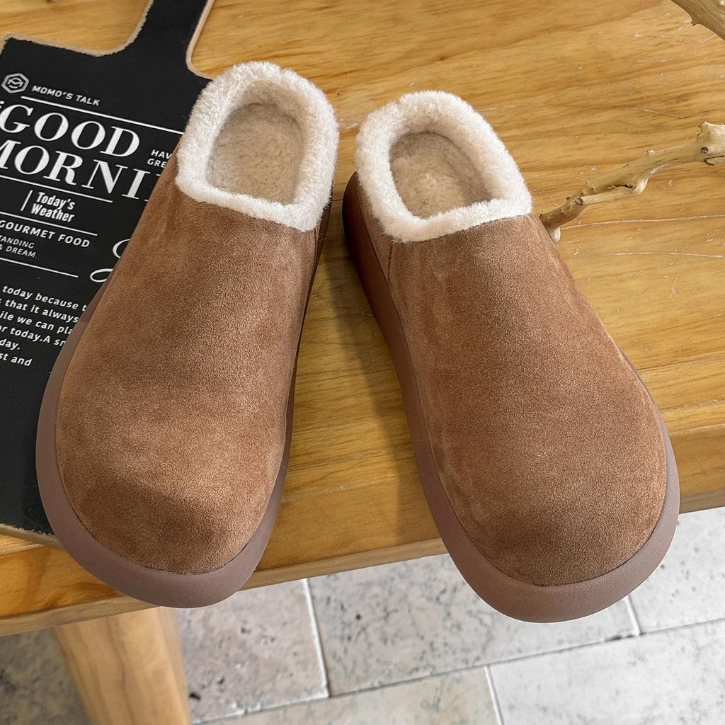 Thick-soled velvet Birkenstocks big head ugly cute bag head half slippers wear new winter snow boots cotton slippers