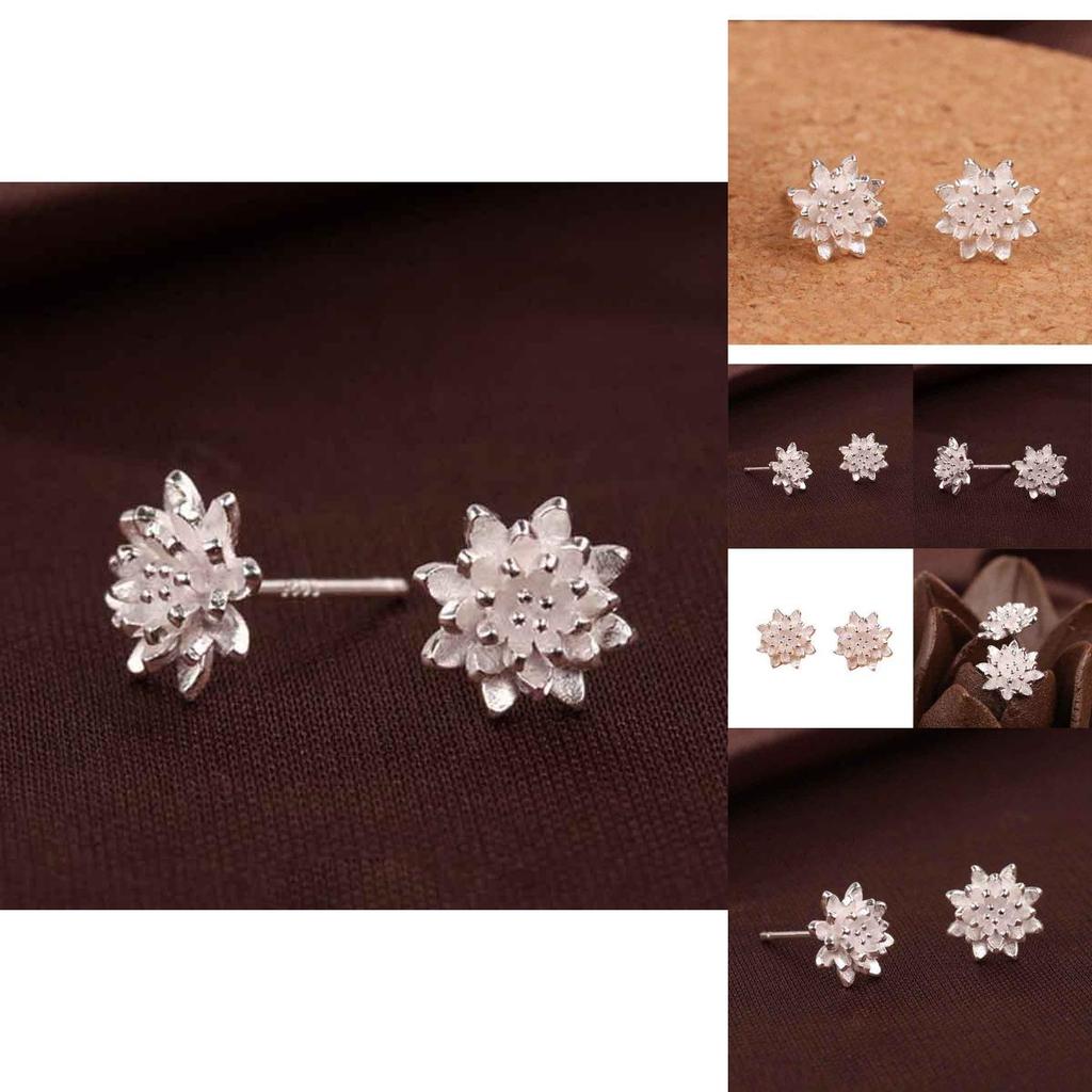 Delicate Women's Silver Plated Lotus Flower Ear Stud Earrings For Effortless Style