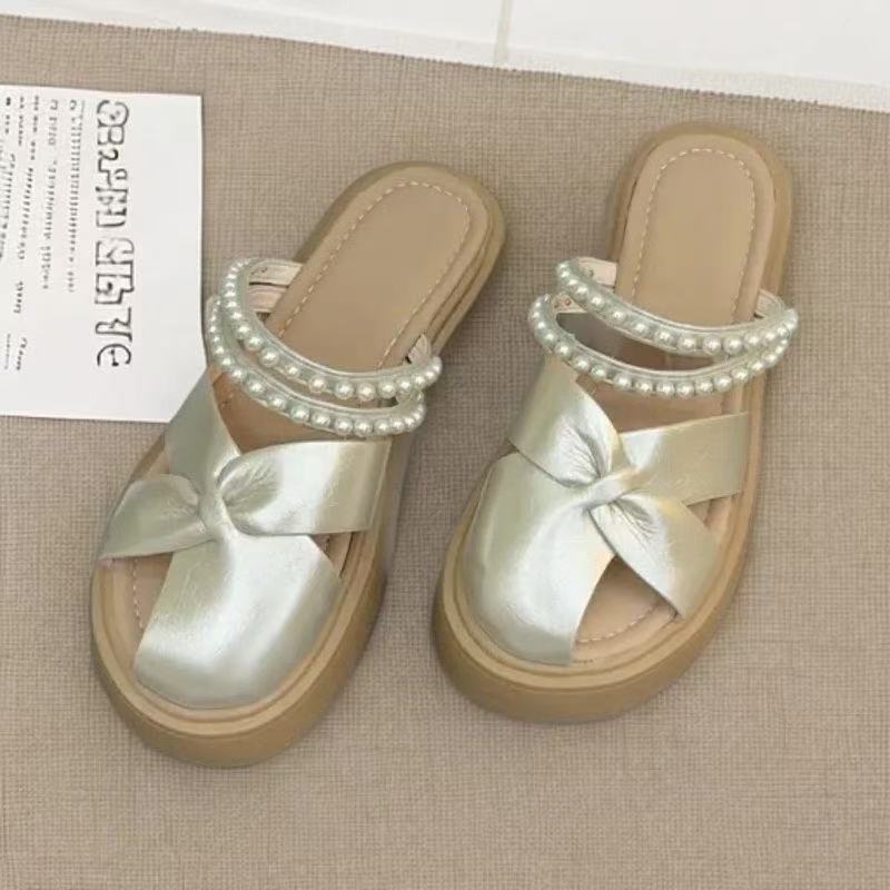 

Muffin bottom bag head slippers women s summer new out pearl string chain lightweight versatile comfortable slippers 40 шампанского