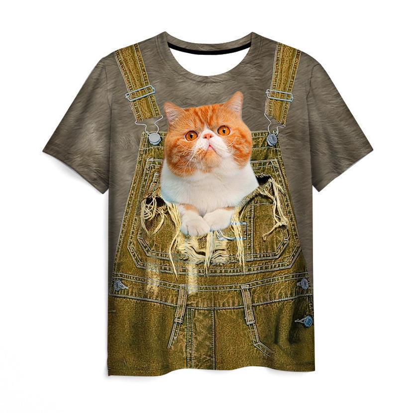 Letní tričko s kulatým výstřihem, 3D potiskem kočky se vzhledem falešných šlí, módní, ležérní, s krátkým rukávem, dětské, pro chlapce a dívky