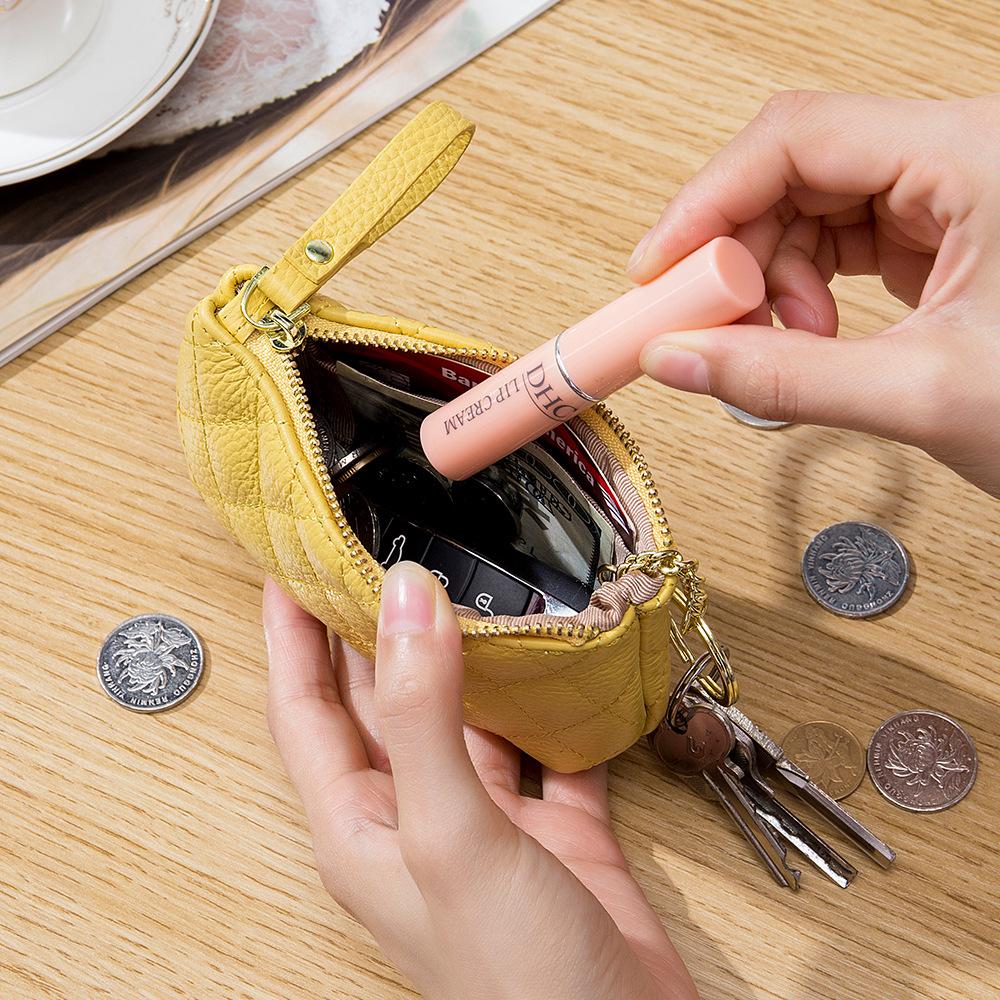 Rhombus embroidered change bag, coin storage bag, cowhide mini simple zipper small bag, key bag for women
