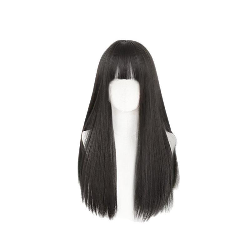 Women's Full Head Wig with Air Bangs - Black Long Straight Synthetic Hair, Fluffy and Natural for Daily Use.