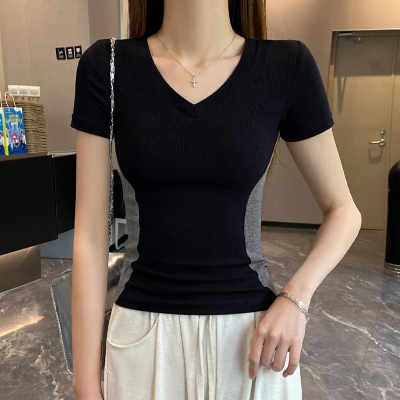 Summer Cotton Color Stitching T Shirts Women‘s Simple V-neck Short-sleeve T-shirt Casual Elastic Skinny Y2k Tops Women Clothes