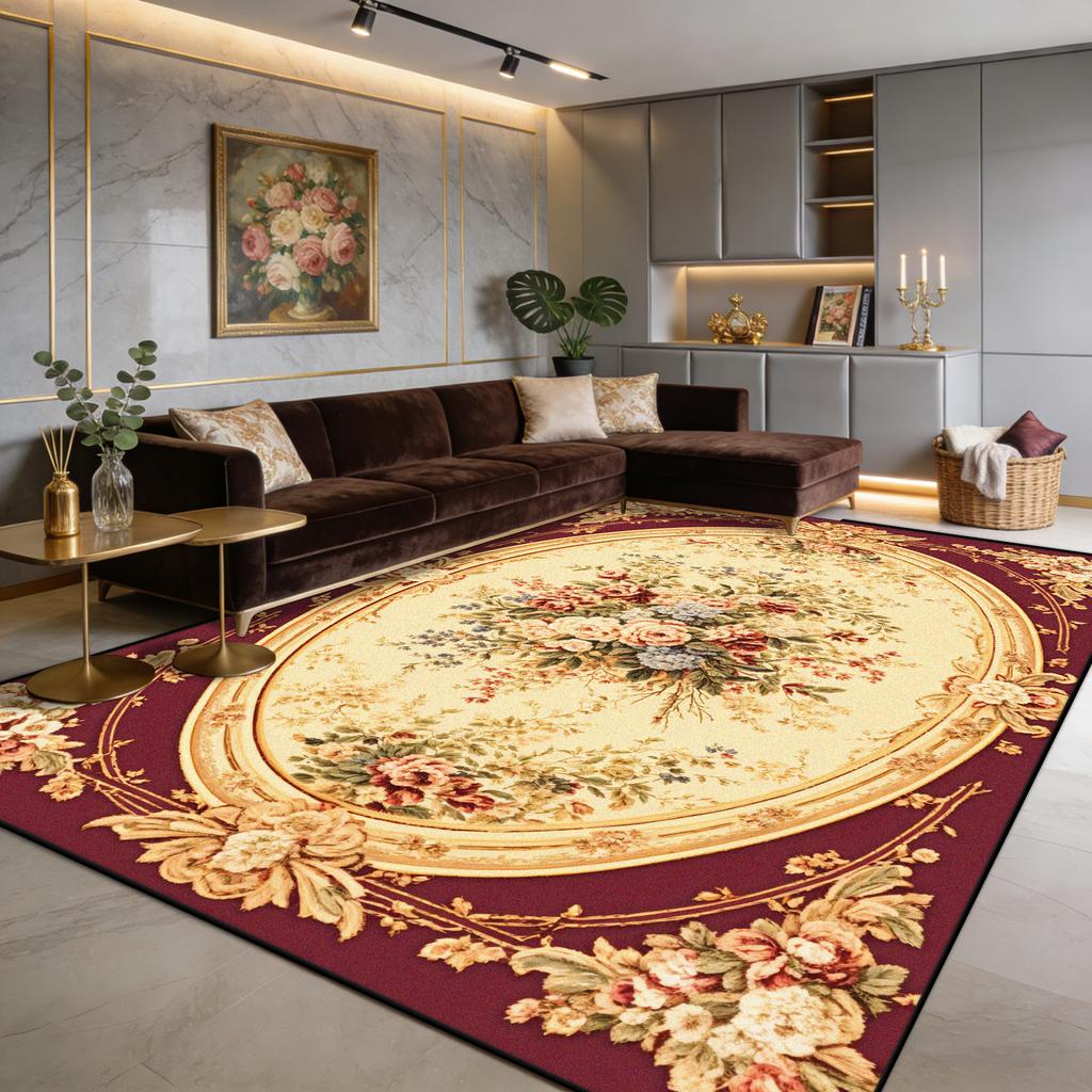 European Luxury Red Flower Fluffy Living Room Rug Easy Clean Soft Retro Tasting Area Carpet Large Area Non-slip Sofa Floor Mats