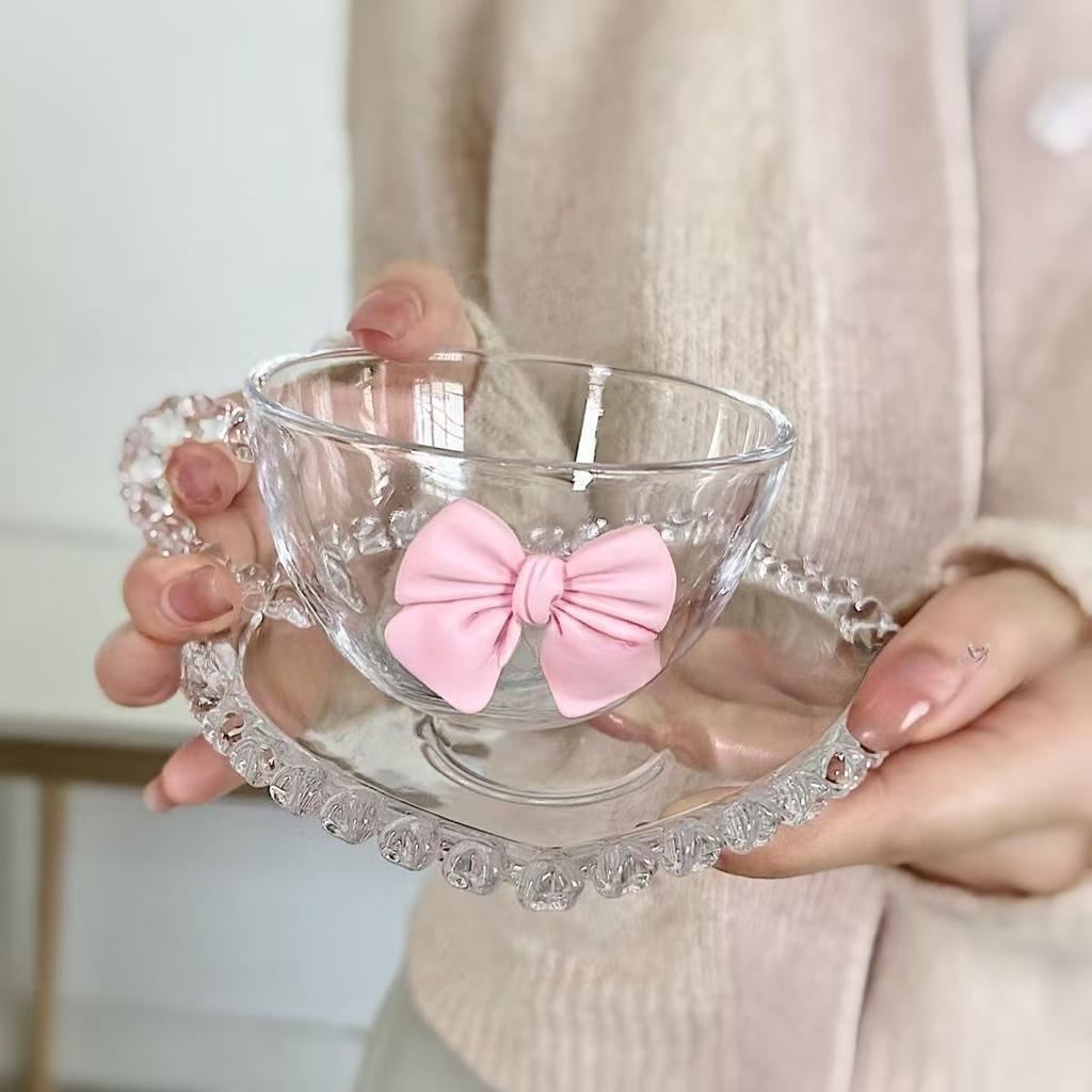 Bow Shaped Glass Cup Niche Design Ins Handle Mug High Aesthetic Water Cup Home Coffee Cup and Plate Set Drinkware