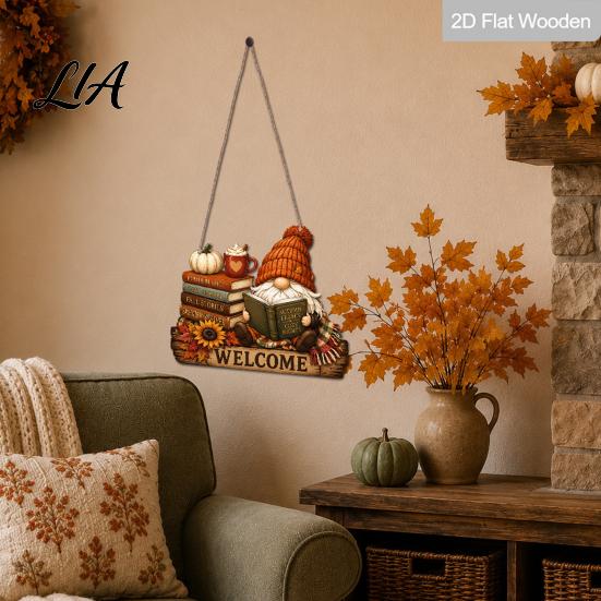 Farmhouse Porch Decoration Fall Thanksgiving Wooden Sign Door Hanger, 2D Sunflower Pumpkin Gnome Wall Creative Housewarming Gifts Plaque, Rustic