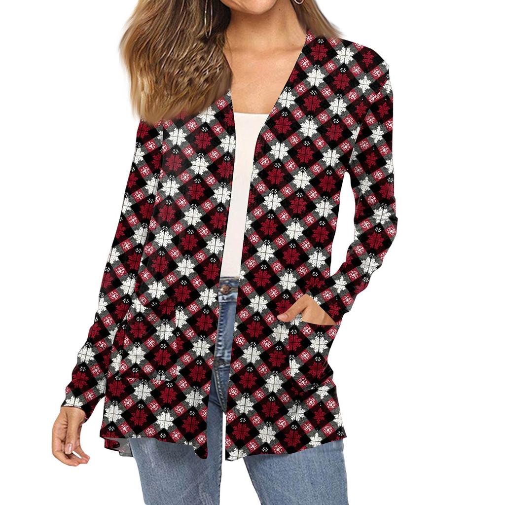 Women's Fashion Christmas Print Long-Sleeved Pocketed Slim-Fit Cardigan Coat
