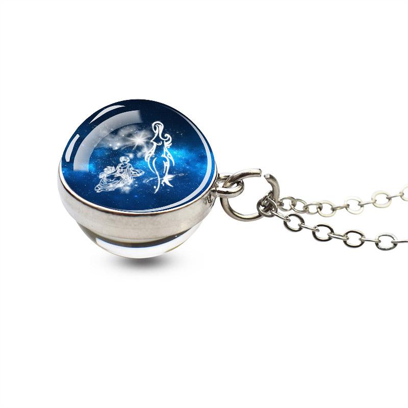 12 Constellations Double Side Glass Ball Silver Plated Necklace Jewelry Pendant Accessories Women Birthday Gift