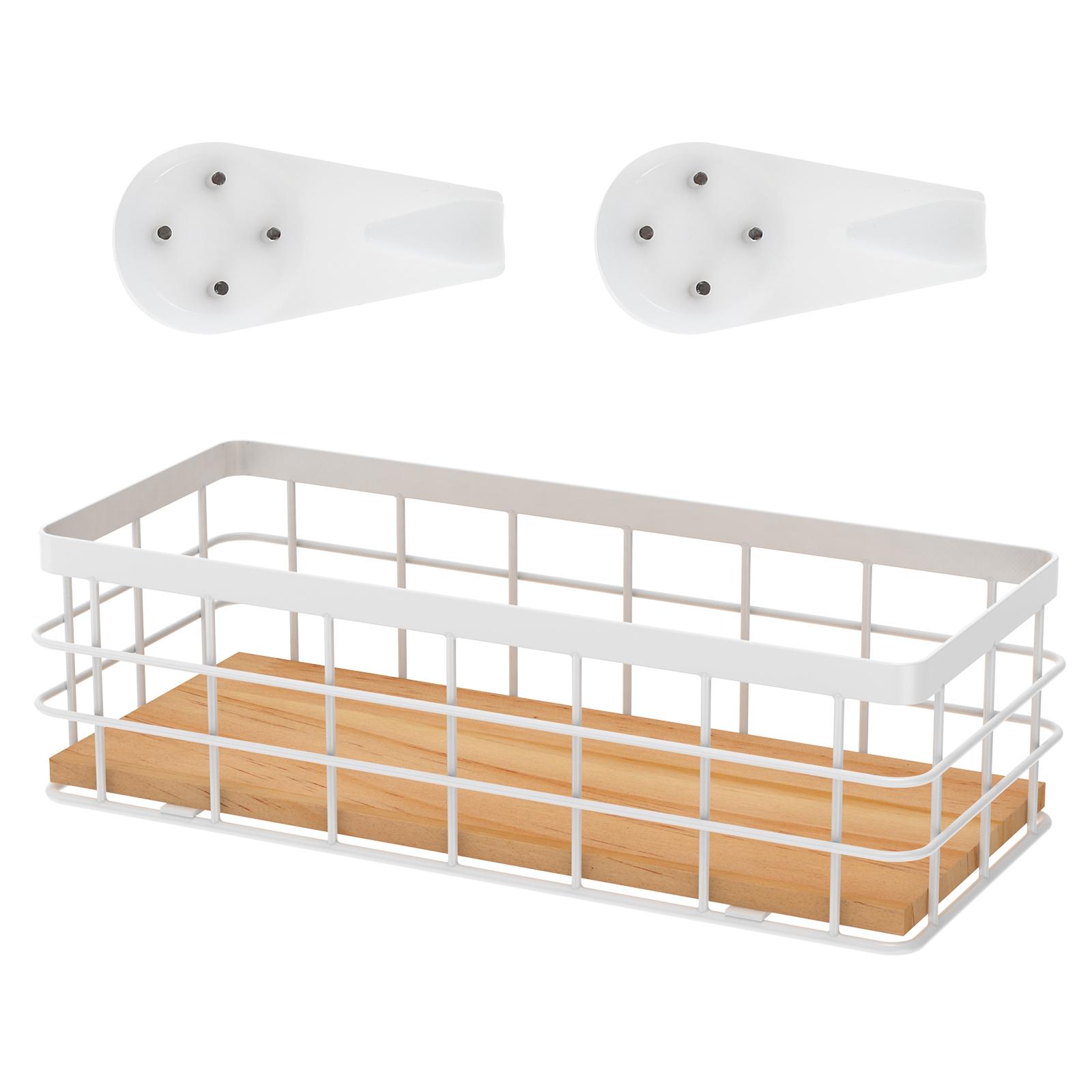 

Wall Mount Storage Basket Wood Base Kitchen Spices Fruit Vegetables Bathroom Organizer Multifunctional Hanging Basket