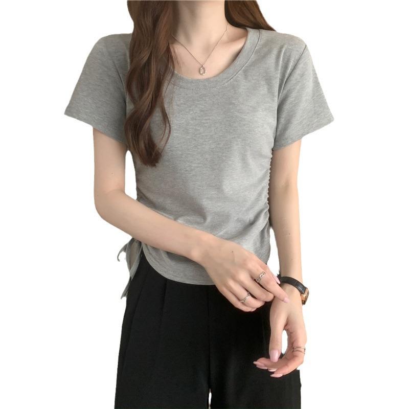 Drawstring short-sleeved t-shirt women's new summer Korean version design sense slim casual short student top tide